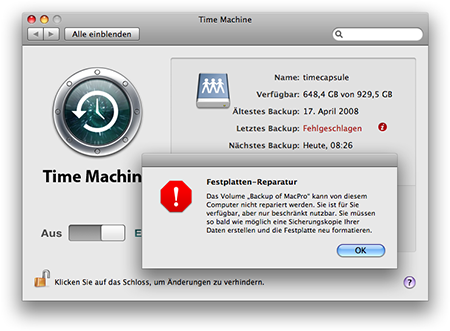 Time Machine Fehlermeldung